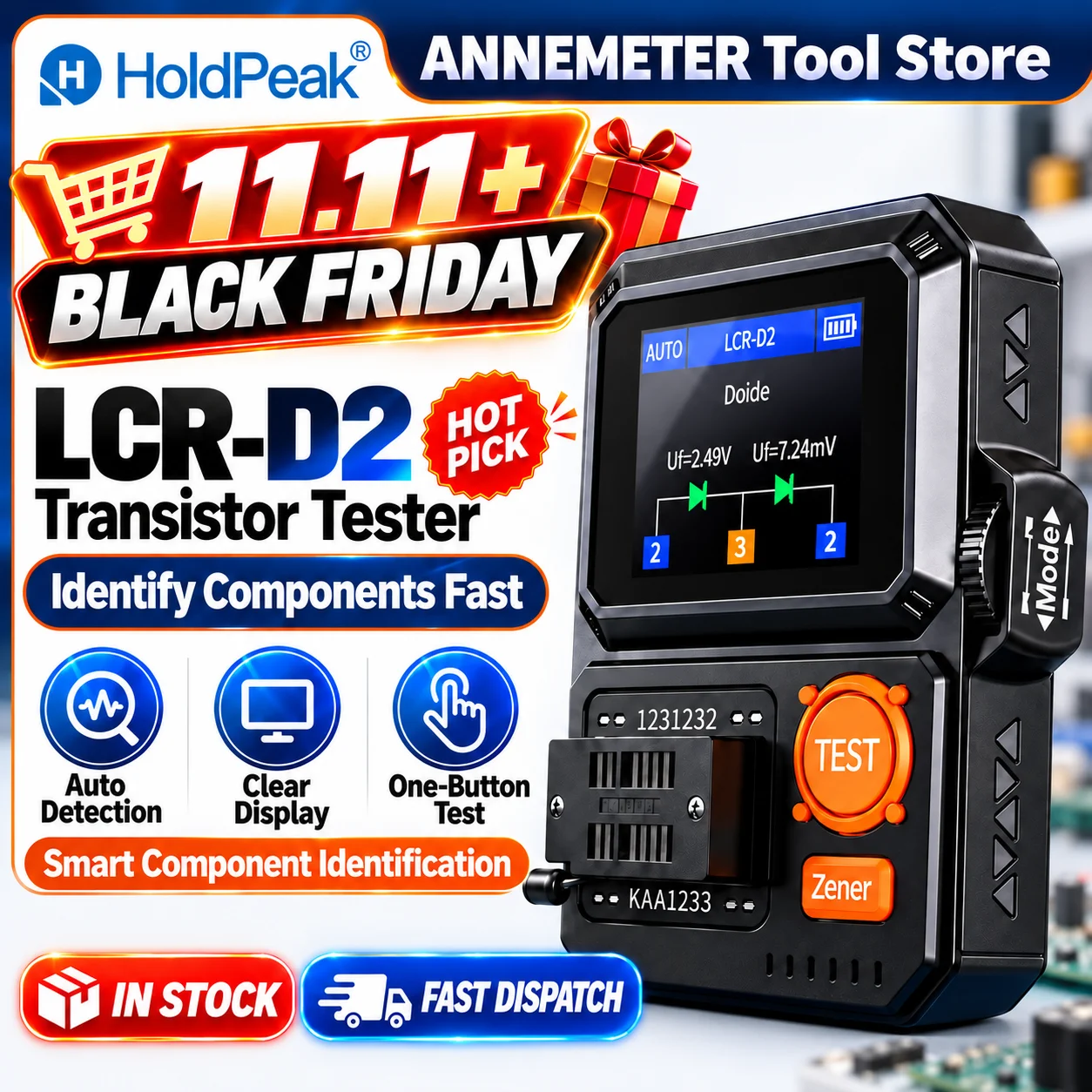 LCR-D2 Transistor Tester Handheld Digital LCR Meter with TFT Color Display, Resistance Capacitance Inductance Zener Diode Tester