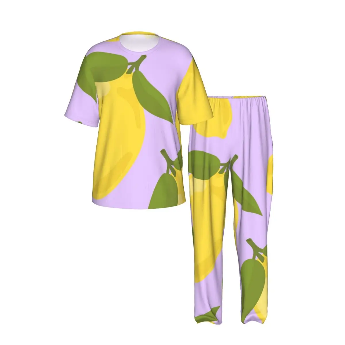 Men Pajamas Set Hand Drawn Lemon Short Sleeve Spring Summer Lounge Sleepwear Male Nightwear