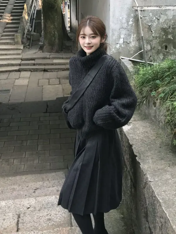 

Korean Sle Unique Thiened Zipper Knitted Sweater Coat Women's Spring New Faion High Collar Warm Cardigan Long Sve