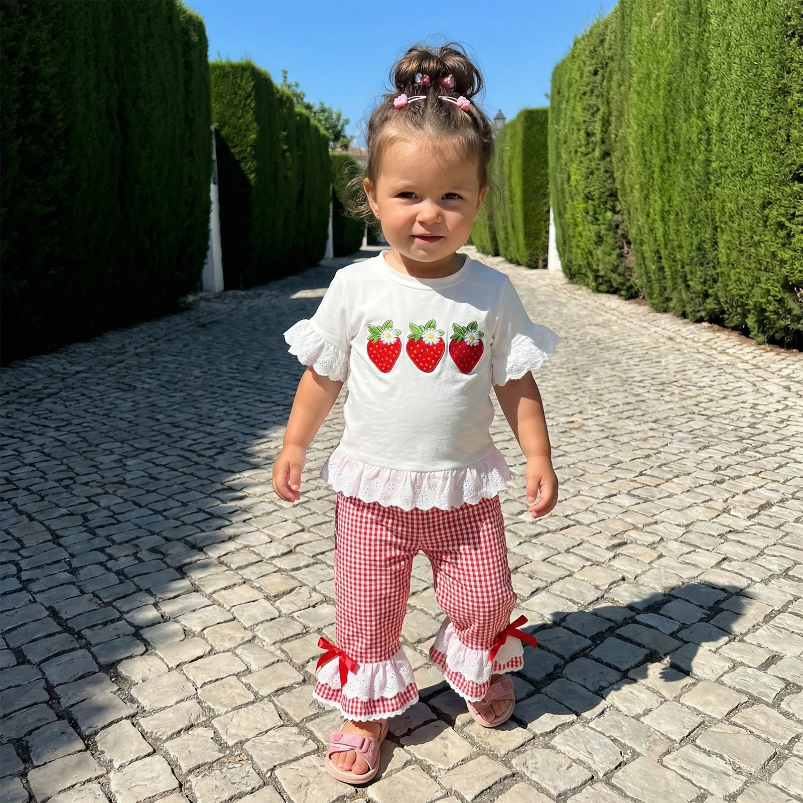 1-5Y Toddler Baby Girl Summer Outfits Strawberry Lace Trim Crew Neck Short Sleeve Tops Plaid Flared Pants 2 Pcs Set