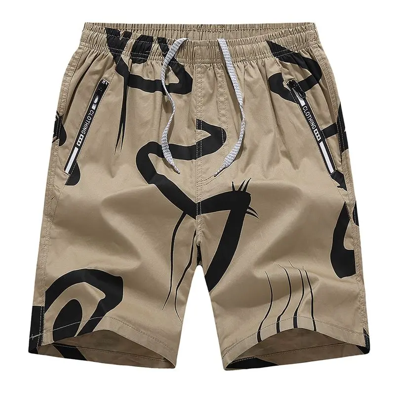 Trendy Brand Fashion Summer Men's Elastic Waist Drawstring Printing Pockets Young Style Loose Straight Knee Length Board Shorts