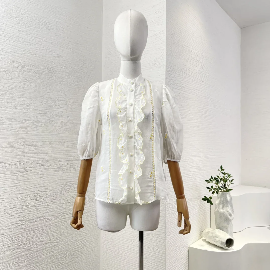 

2025 Ramie White Short Sleeve Lace Patchwork Ruffles Embroidery Flowers Blouse Tops High Quality