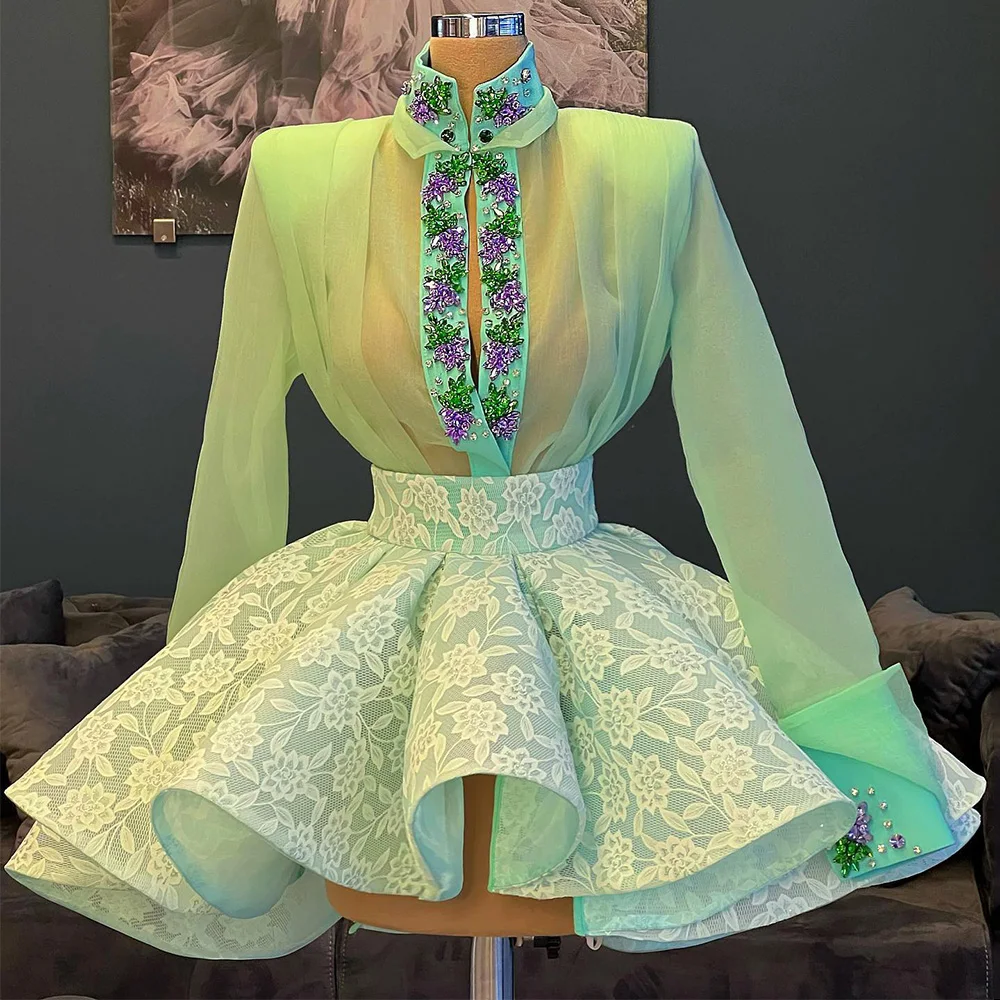 Mint Cocktail Dress Homecoming Gown Customized Long Sleeves Two Pieces Puffy Crystals Saudi Short Evening Party Dresses