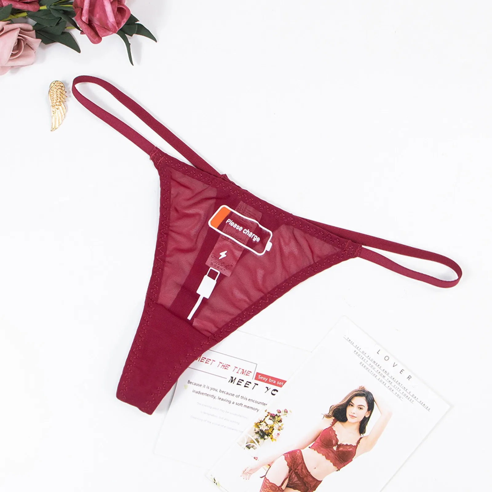 

Funny Battery Charging Pattern Women Thongs G-string Lingerie Lace Panties Low-waist Femme Briefs Mesh Ladies Bikini Pantys New