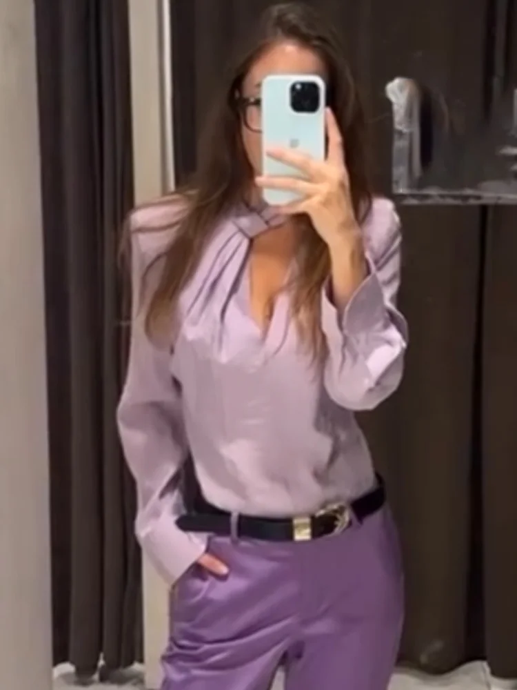 

HH Women Fashion Loose High-Necked V-tie Shoulder Pad Hanging Shirt Female Spring High Street Casual Long Sleeve Solid Shirt