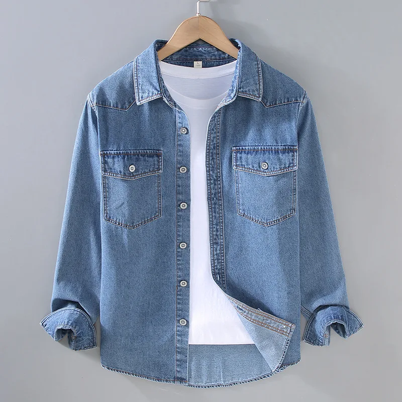 

Spring Autumn Men's Thin Long Sve Denim irt Casual Outerwear Loose Fit Chinese Brand Unbranded Pure Color Faionable