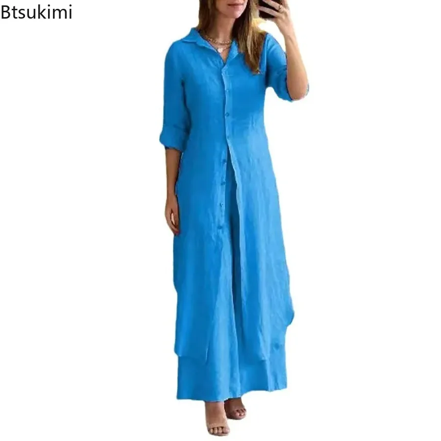

New Women's Cotton Linen Long Shirt Dress Sets Fashion Casual Turn Down Collar Button Blouses and Loose Wide Leg Pants 2pcs Sets