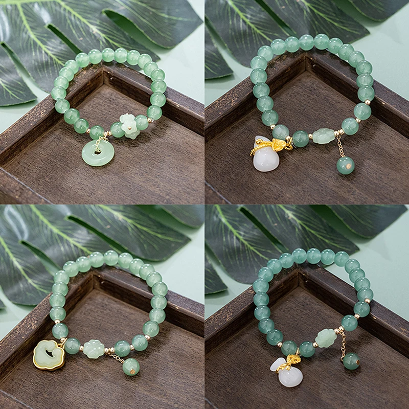 Fashion Exquisite Imitation Jade Beaded Bracelet For Women Chinese Style Peanut Pendant Bangle Lucky Wrist Chain Jewelry Gifts
