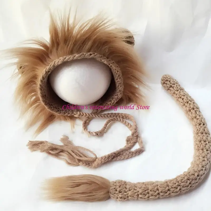 2 ชิ้นสำหรับเด็กอุปกรณ์ประกอบอุปกรณ์ Lion Hat Tail ชุดการถ่ายภาพทารกแรกเกิดเครื่องแต่งกายมือถักนิตติ้งเด็กผู้ชายชุดถ่ายภาพ 425f