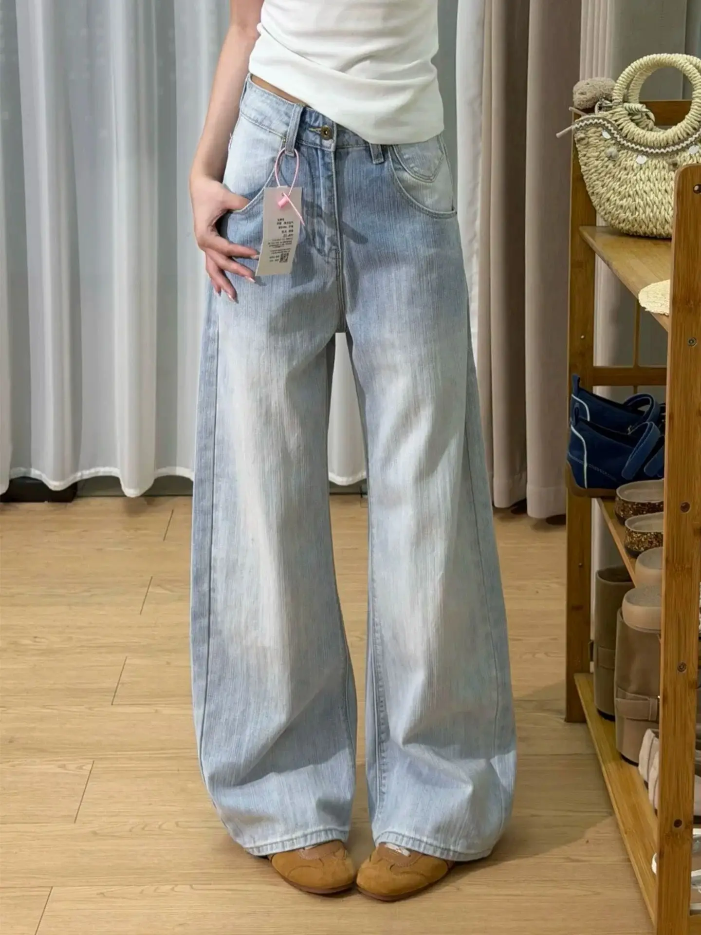 Light Blue Buckle Back Curved Barrel Wide Leg Jeans Women Summer New Retro Streetwear Designer Pants