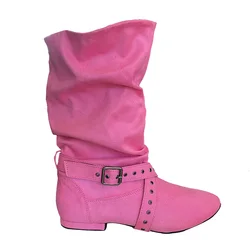 Venus lure Personalized Winter Women's Line Dance Boots Deep Pink Mid-Calf Jouncing Dancing Boots Suede Sole