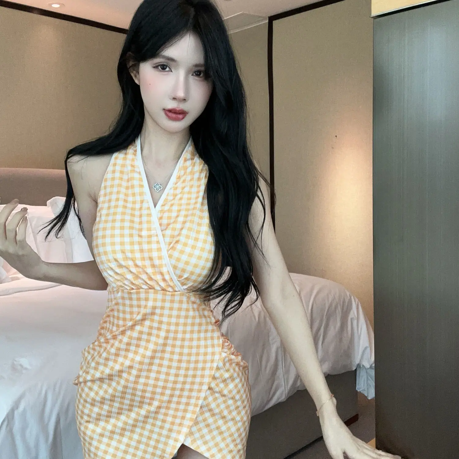 Sommer Halter Mini Kleid Frauen Plaid Ärmel Wrap Bodycon Fliege Taille Elegante Casual Backless Picknick Stil Outfit 2023 Neue