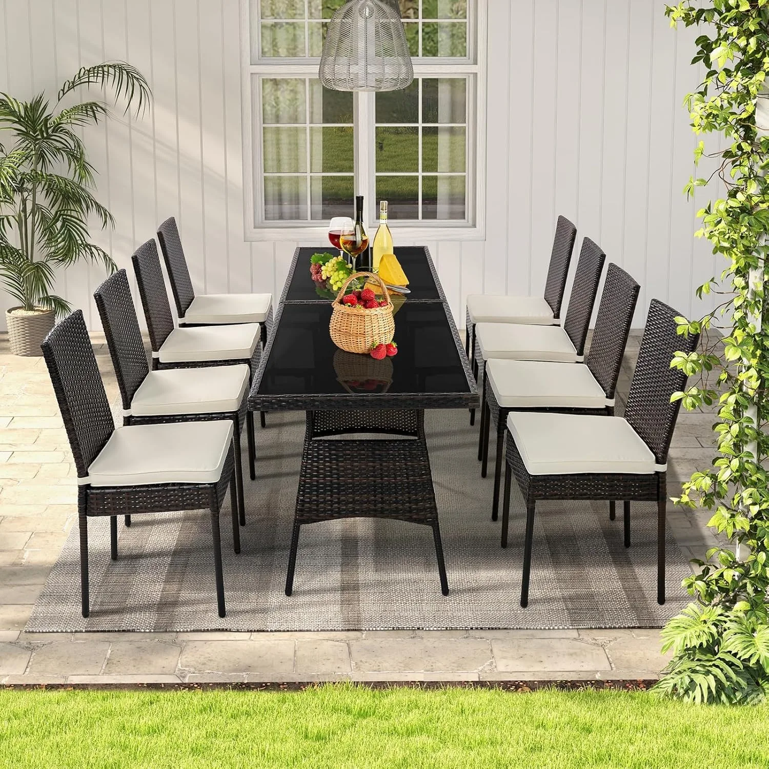 10 Pieces Wicker Patio Dining Set, Outdoor Rattan Table & Chairs Set with Padded Cushions Patio Furniture Dining Glass Table Set