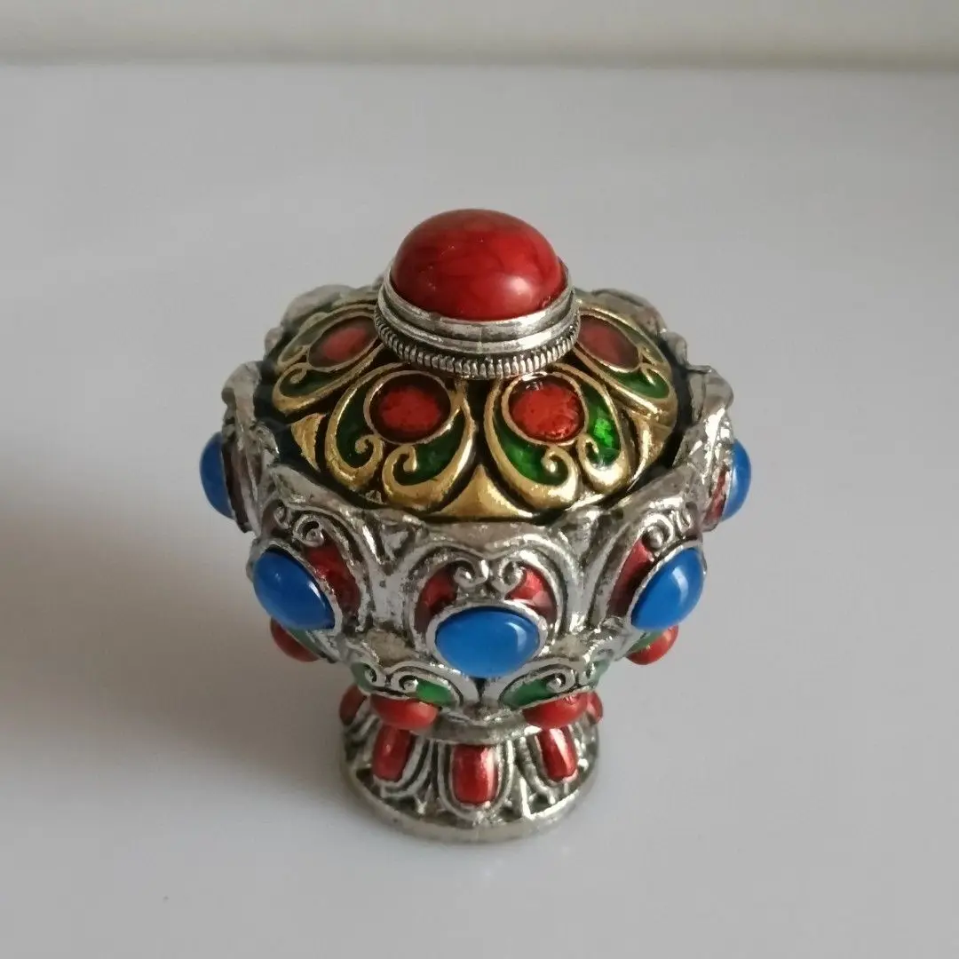 Vintage Antique Collection Ethnic Style Pure Copper Inlaid Multi Gem Snuff Bottle Craft Statue Decor Ornament