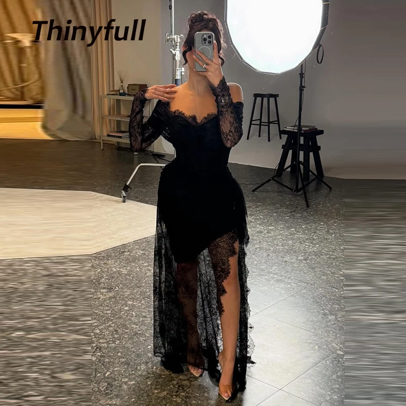 

Thinyfull Mermaid Lace Prom Dresses Off Shoulder Split Long Sleeves Evening Dress Dubai Formal Gown Robe De Soirée Customized