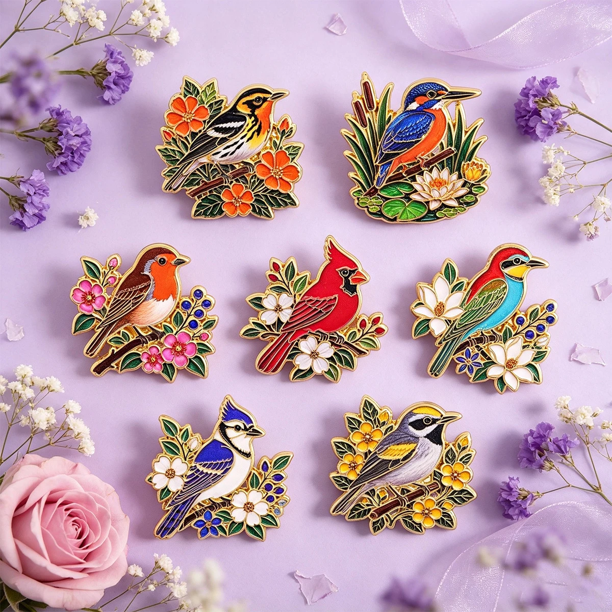 Cardinal Kingfisher Robin with Flower Metal Enamel Pins Brooches Badge on Backpack Clothing Accessories Jewelry Gift for Friends