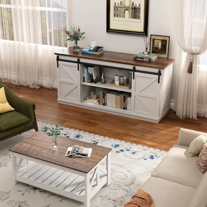 حامل تلفزيون المزرعة للتلفزيونات حتى 65 بوصة، وأبواب الحظيرة المنزلقة وخزائن التخزين، وطاولة وفر الوسائط