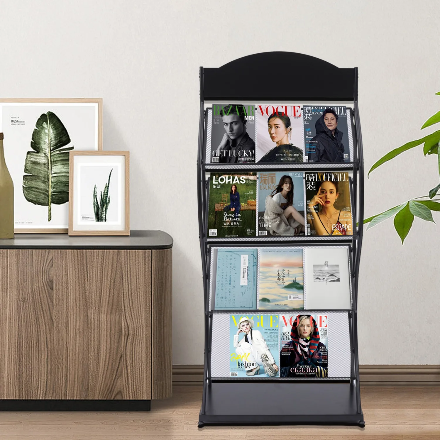 

4 Tier Portable Black Metal Magazine Rack Stand, Floor-Standing Newspaper Storage Rack, Literature Holder Bookshelf