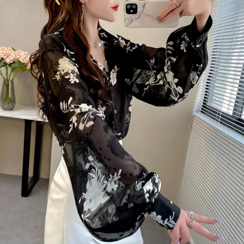 QOERLIN Embroidery Shirt Woman New Fashion Lantern Sleeve Printed Chiffon Blouse Loose Casual Single-Breasted Thin Tops Shirts