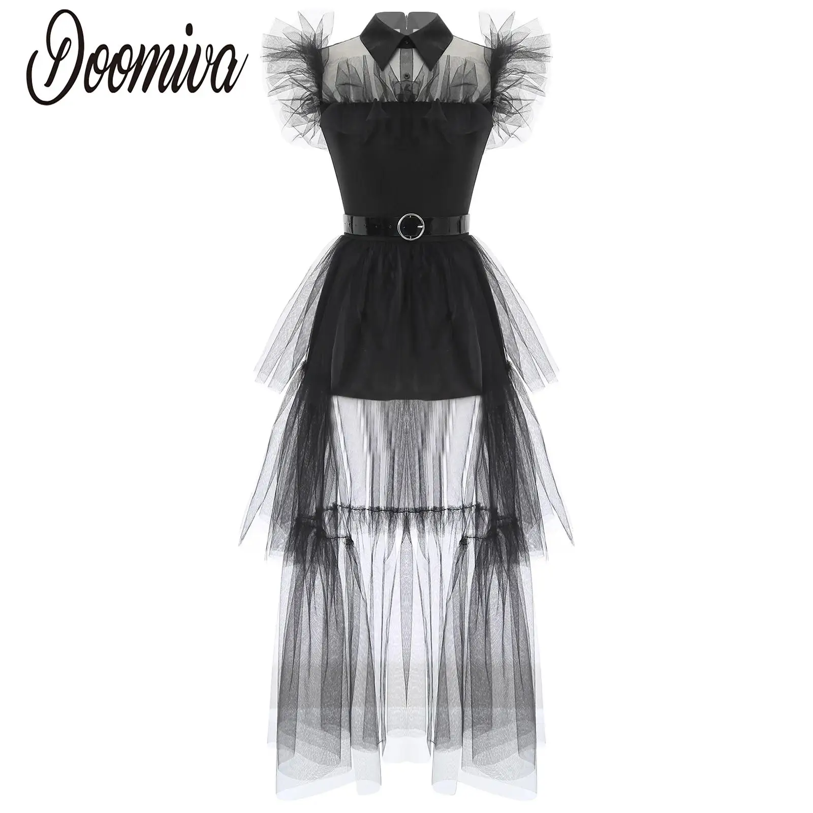 Women Anime Cosplay Dress Witch Vampire Gothic Costume Lapel Fly Sleeve Ruffled Tulle Dress with Belt Halloween Party Dresses