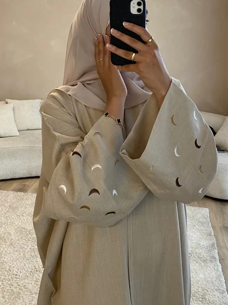 Eid Moon Embroidery Muslim Abaya for Women Cardigan Dress Morocco Ramadan Lace-up Abayas Kaftan Islam Dubai Arab Long Robe 2024