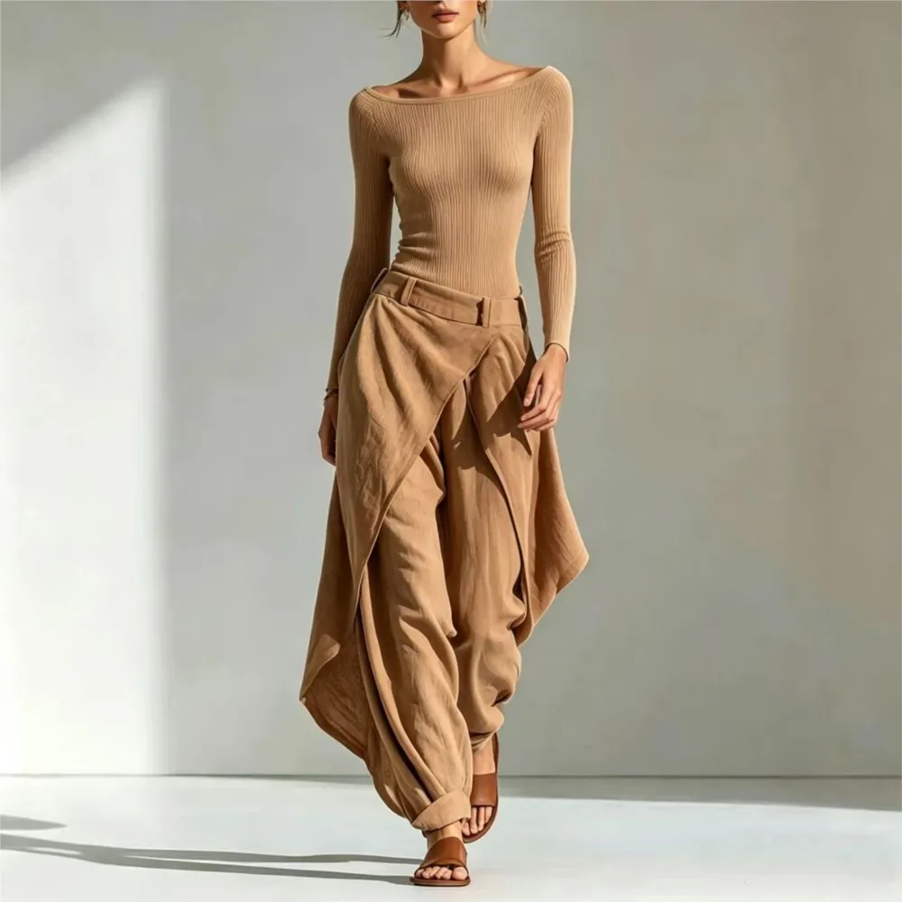 Elegant Women Solid Irregular Layer Trousers Two Piece Sets Autumn Winter Long Sleeve Slim T-shirt Tops & Wide Leg Pants Outfit