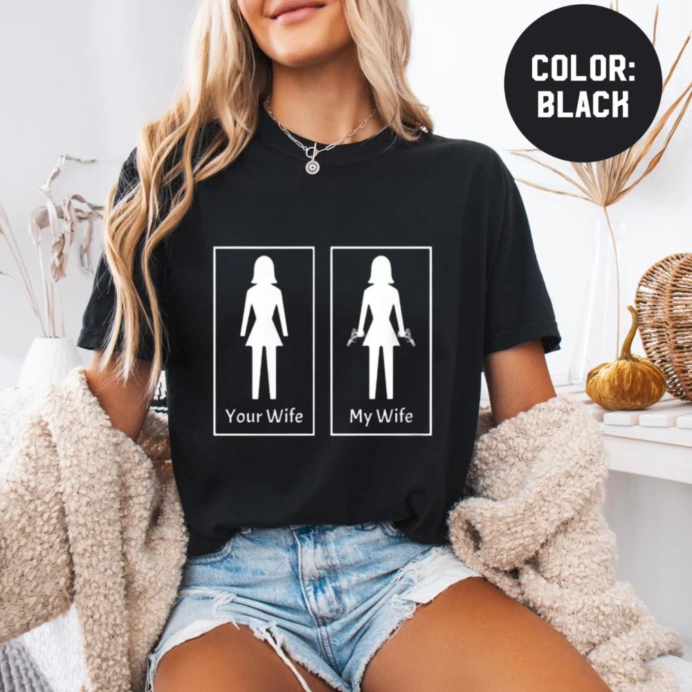 Men Funny Your Wife My Strong Wife Silhouette Graphic T Shirt Husband Humor Couple Quote Cotton Short Sleeve Daily Trendy Tees