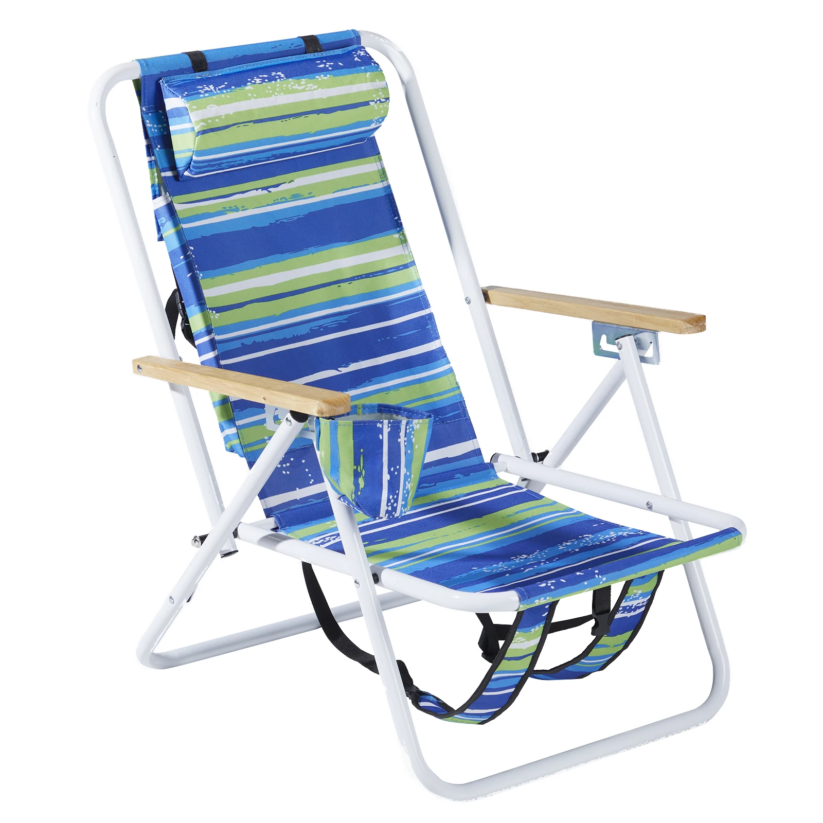 

1pc Folding Beach Chair, 4 Position Portable Backpack Foldable Camping Chair with Headrest Cup Holder and Wooden Armrests