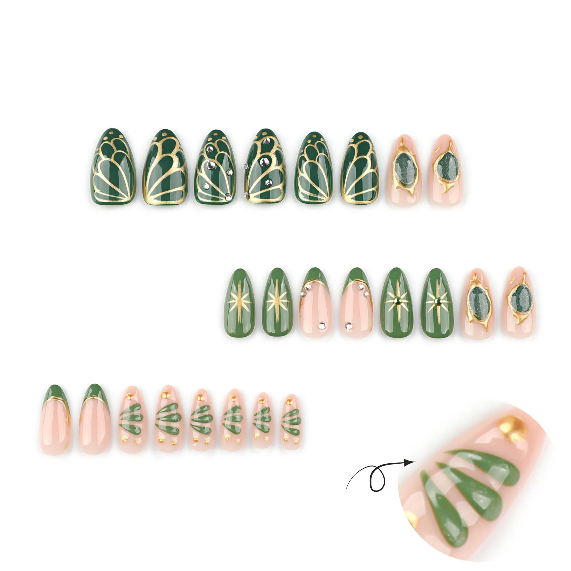 24 stuks Boheemse stijl opdruknagels met 3D gouden onregelmatige cirkels en strass steentjes op smaragdgroene basis, lange amandelvorm