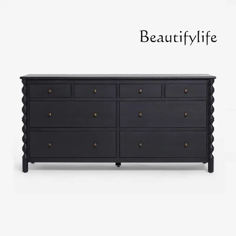 American retro solid wood chest of drawers cabinet entrance eight-bucket cabinet French black dining side storage cabinet