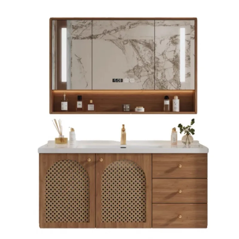 Japanese-style log wind bathroom cabinet rattan combination integrated ceramic basin toilet hand wash sink oak simple wind