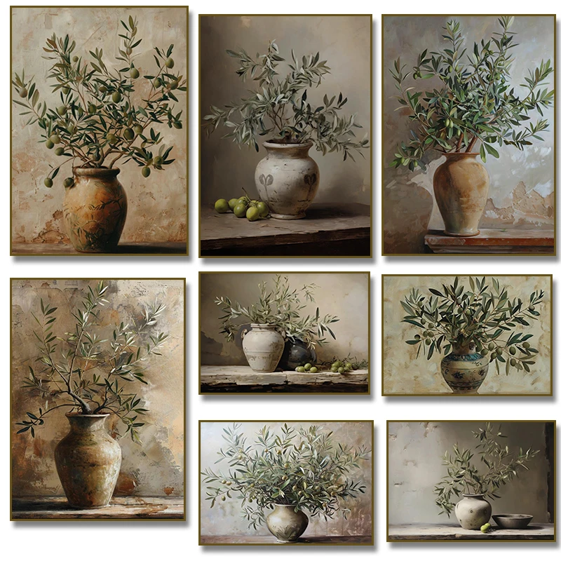 Mediterranean Antique Olive Branch Botanical Vase Canvas Painting Print Rustic Neutral Kitchen Poster Wall Art Home Decor