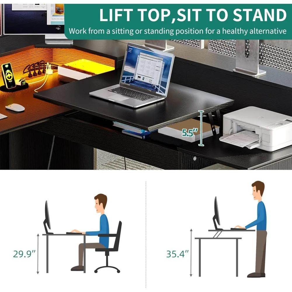 مكتب كمبيوتر بزاوية 60 ركنًا مع منافذ طاقة وأضواء LED وأدراج ورفع علوي للمكتب المنزلي