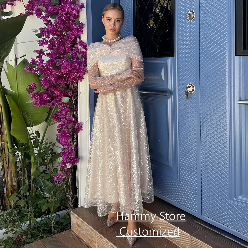 

Fashion Evening Dress Customized Off Shoulder Long Sleeves Beading Sequined Ankle Length Cocktail Party Gown Prom Dresses