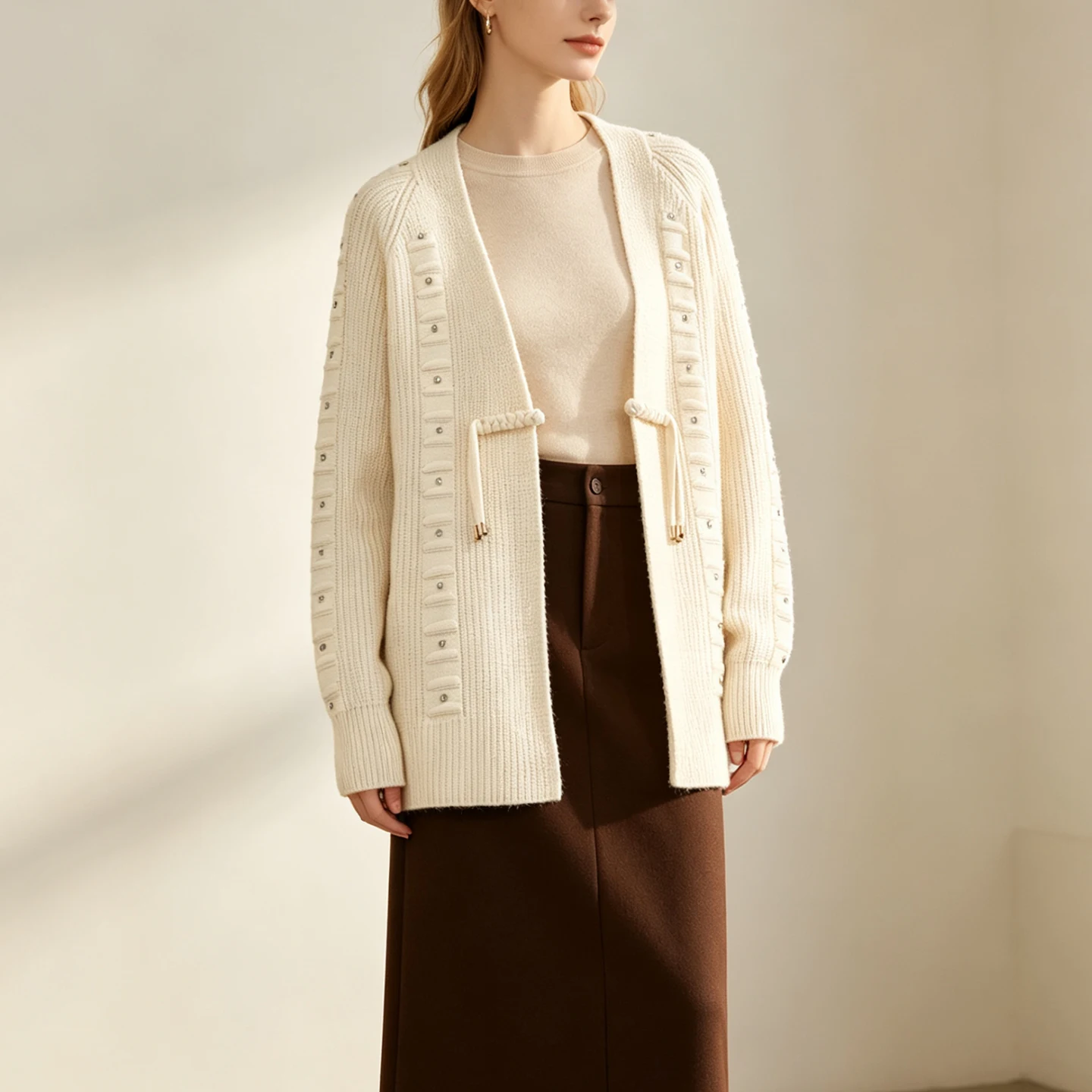 Elegant V-Neck Rivet Knitted Long Sleeve Open Cardigan Women's Fashion Personality Autumn Wear ZADATA Standard Fit Short Coat