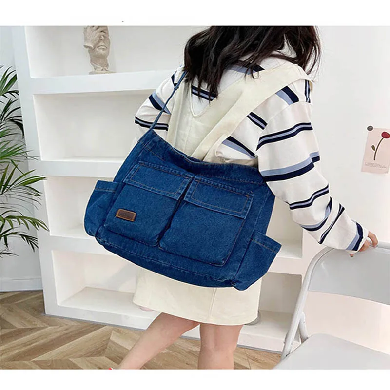 Denim Unisex Retro Jean Large Capacity Multiple Pockets Blue Messenger Crossbody Bag Handbag Letter Shoulder Shopper Women Purse