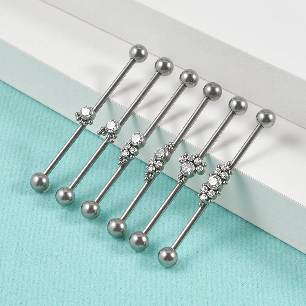 1PC G23 Titanium CZ Ball Industrial Barbell Earrings Piercing Long Bar Tragus Long Ear Stud Helix Conch Ear Piercing Jewelry 14G