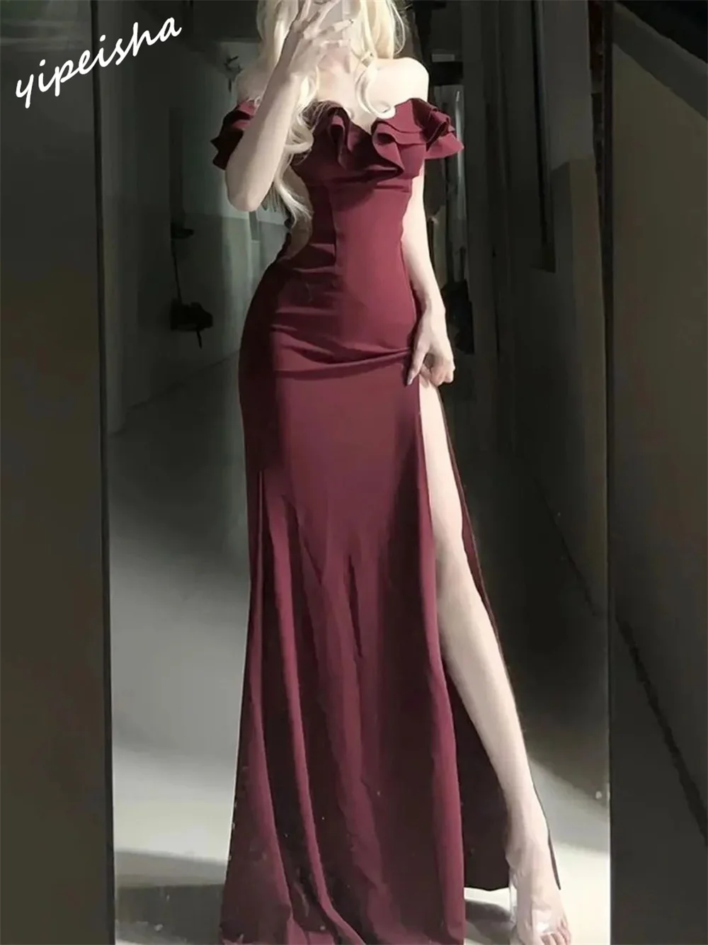 Yipeisha Simple Off-the-shoulder Sheath Floor Length Evening Dresses Layered Chiffon Customized