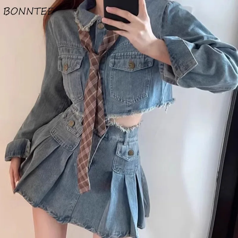 

Denim Shirt Pleated Skirt Sets Women Preppy Autumn Simple Aesthetic Tender Sweet Girl Vintage Streetwear Faldas Pockets Chic Ins