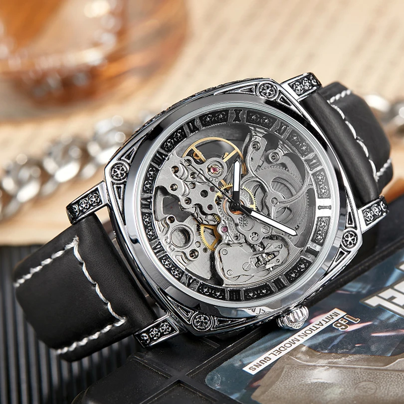 Luxury Automatic Mechanical Watch for Men Hollow Steampunk Dial Skeleton Watches Male Orologio Clock Hombre Relogio Masculino