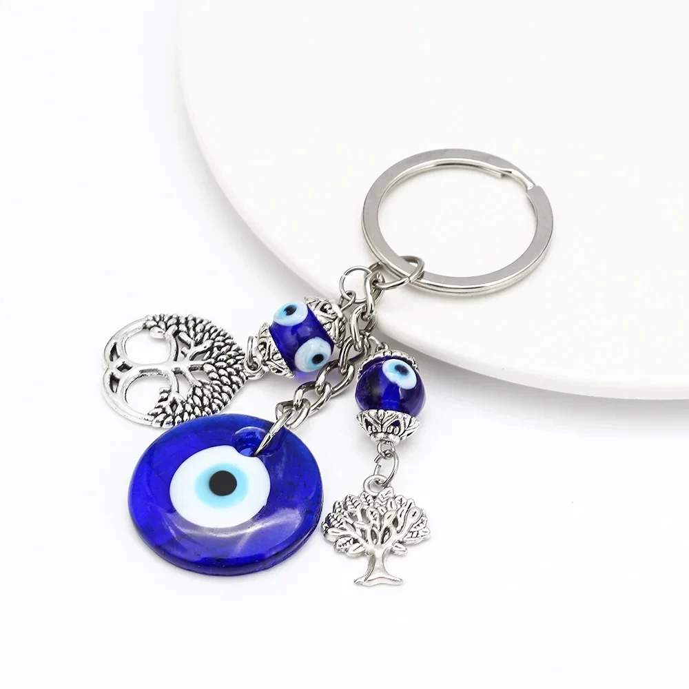 Lucky Eye Alloy Fatima Hand Elephant Owl Tree of Life Keychain Blue Turkish Evil Eye Key Chain Car Keyring for Women Men Jewelry