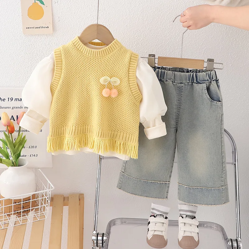 3PCS Spring Fall Kids Girls Clothes Korean Fashion Cute Cherry Baby Tops+Knit Vest+Loose Jeans Toddler Boutique Clothing BC2269