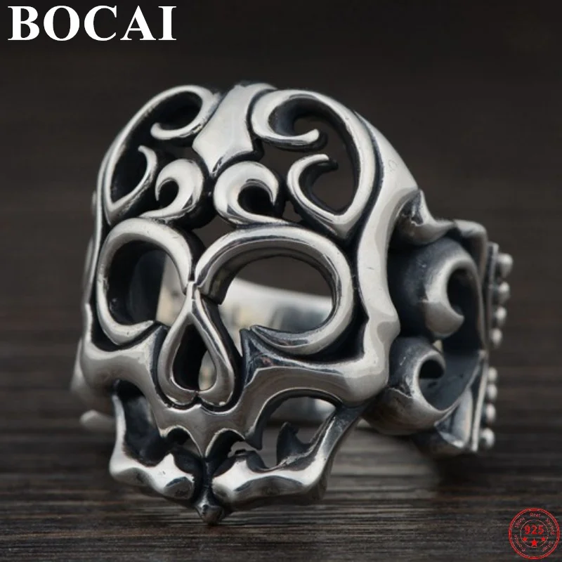 BOCAI S925 Sterling Silver Rings for Men New Fashion Retro Hollow Eternal Rattern Skull-ornaments Jewelry