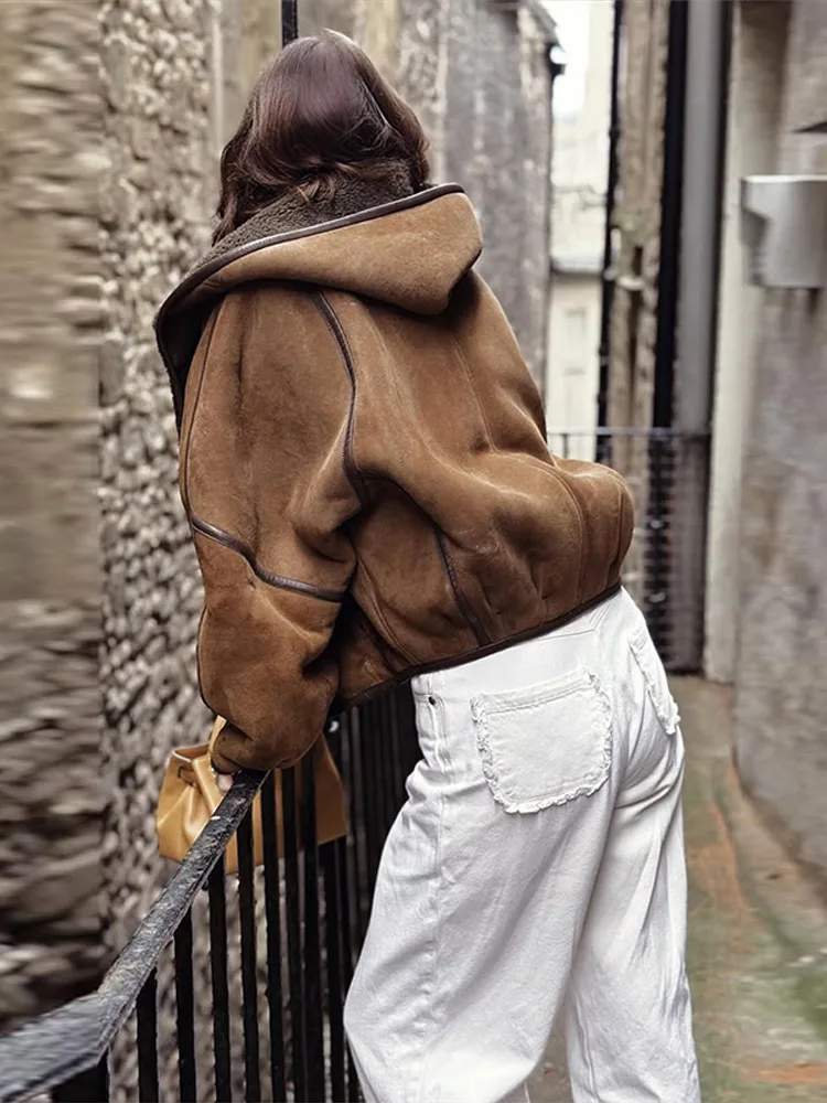 

Women's Bomber Coats Hooded Leather Trim Patchwork Jacket Autumn Female Long Sleeve Loose Fitting Coat Chic Lady Outerwears