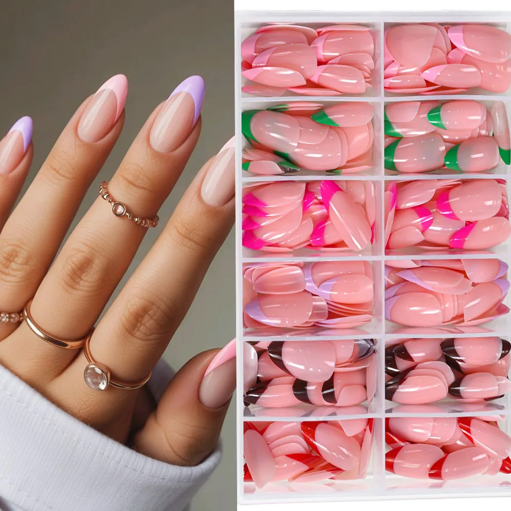 

288 шт. разноцветных накладных ногтей средней длины в форме миндаля (красные/зеленые/розовые/фиолетовые), полное покрытие, для наращивания, женские, готовые к нанесению