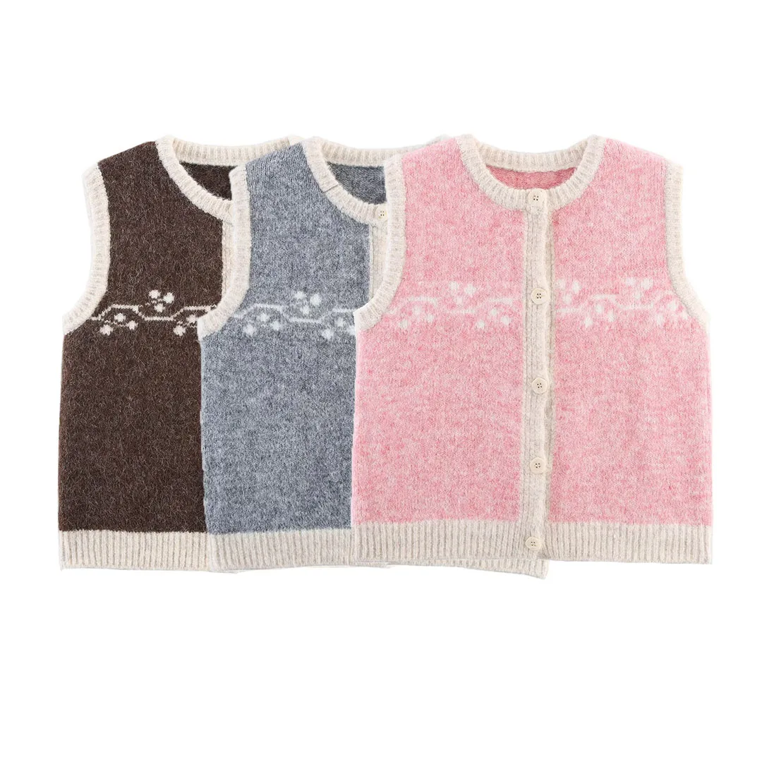 

Topenomi Sweet Jacquard Knitted Vest Women Contrast Color Round Neck Sleeveless Sweater Cardigan Autumn Winter Gentle Lazy Tops