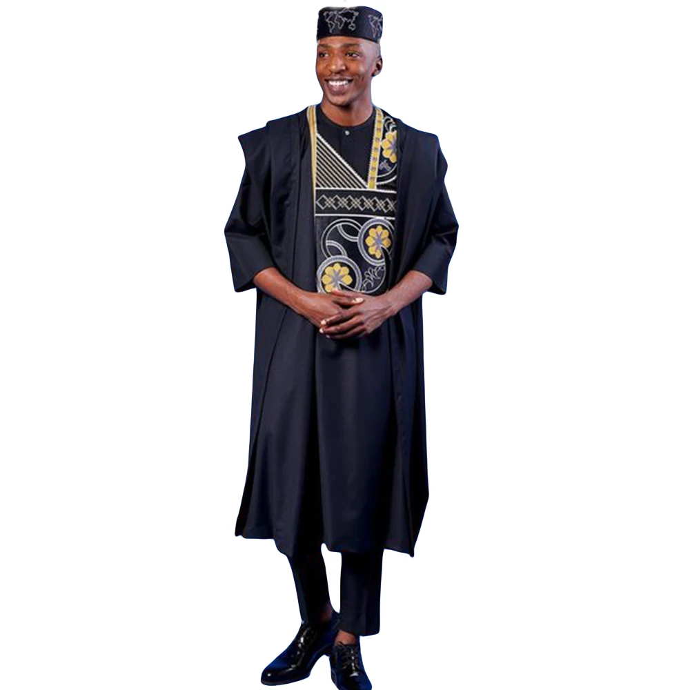 H&D New African Suit For Men Robe Shirt Pants Set Long Sleeve Tops Embroidery Clothes Wedding Party Traditional Robes Ramadan