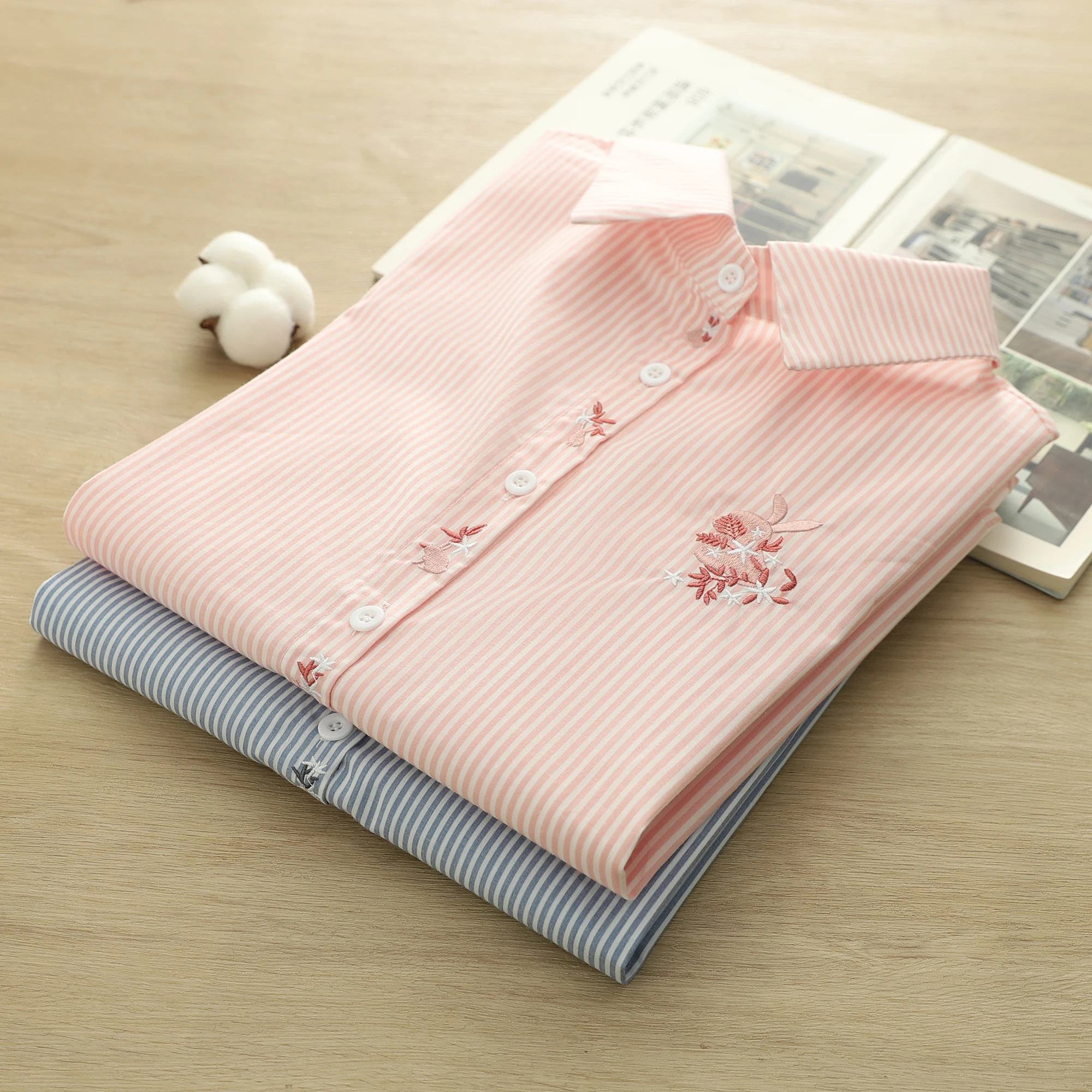 

Корейский Sle Fre с вышивкой кролика в полоску, женский длинный све, повседневный топ из хлопкового материала, воротник, одежда для поездок на работу