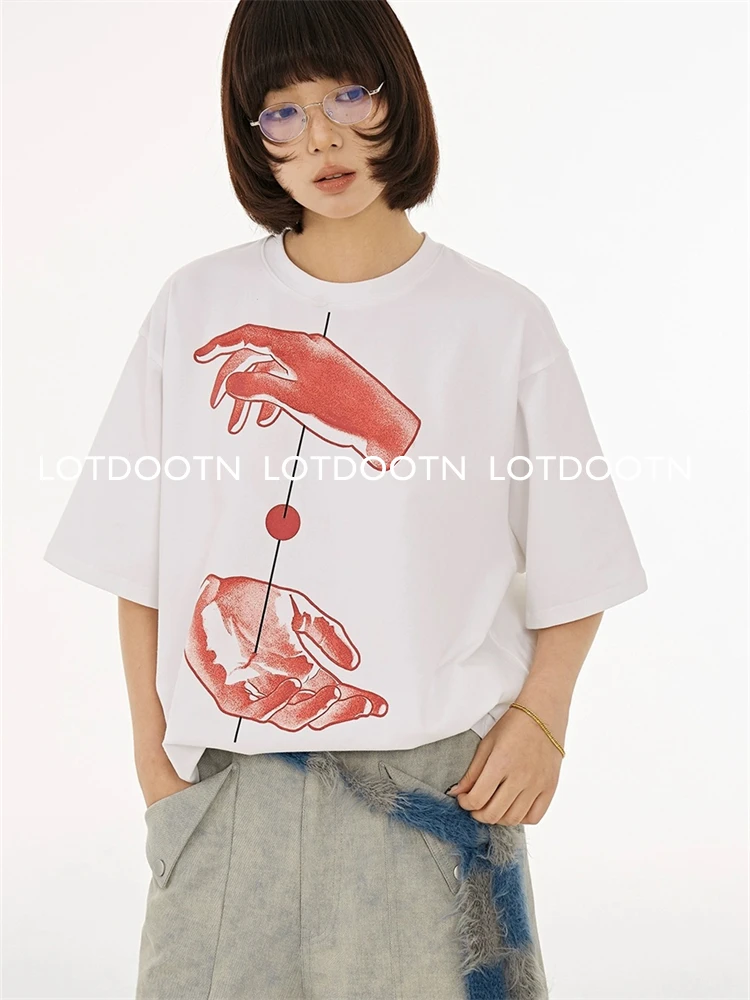 LOTDOOTN 100% Cotton Aesthetics Print T-Shirts Women Summer New Basic Vintage Tees Unisex Casual Loose Gothic O Neck Couple Tops