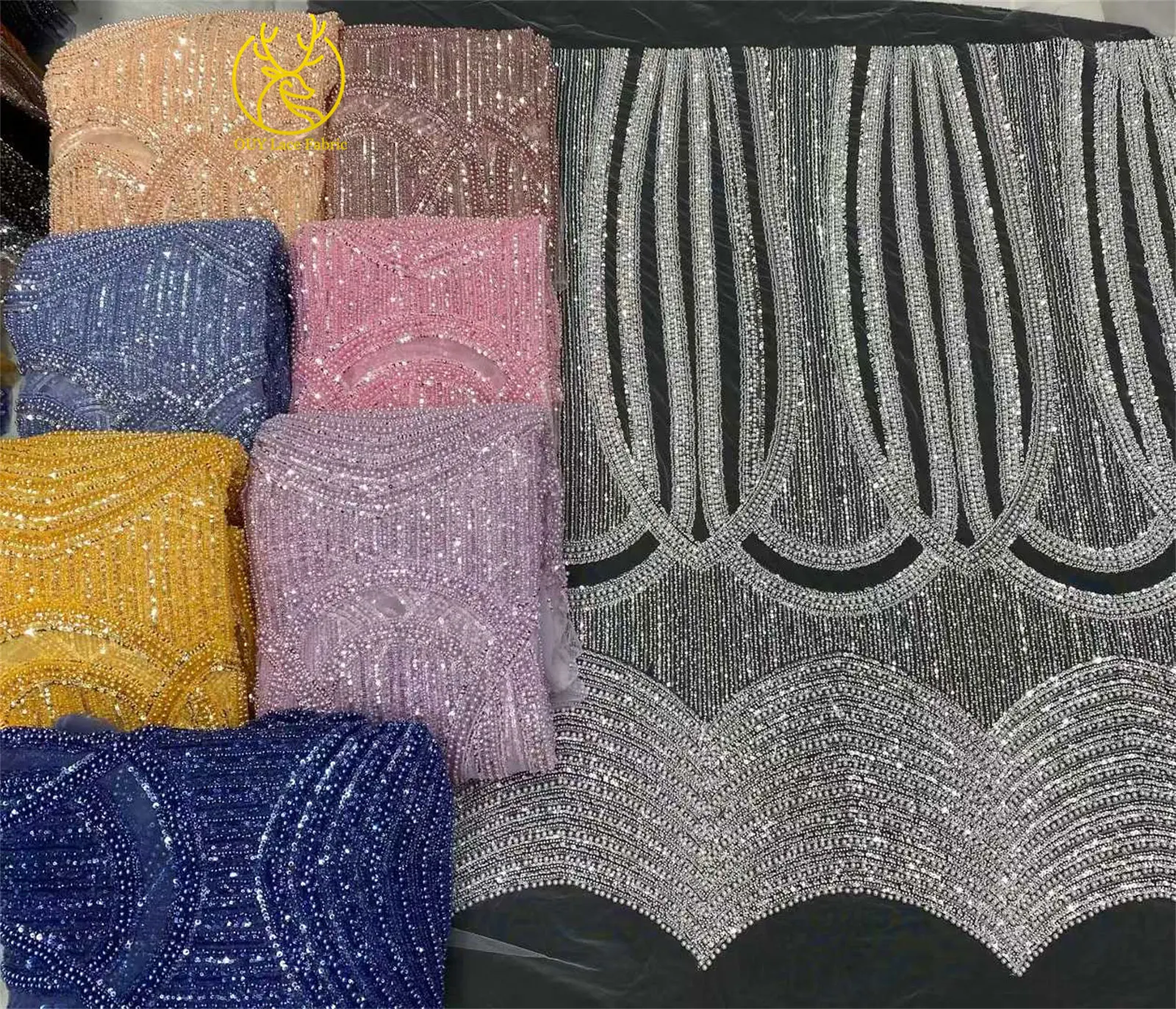 Latest High Quality Luxury African Handmade Beaded Lace Fabric 2025 Nigeria French Sequin Lace Fabric Party Wedding Dresses